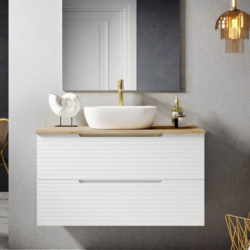Chinese Factory Wall Mounted White Stripes Bathroom Vanity With Butcher Block Countertop and Ceramic Sink  VT-C-088