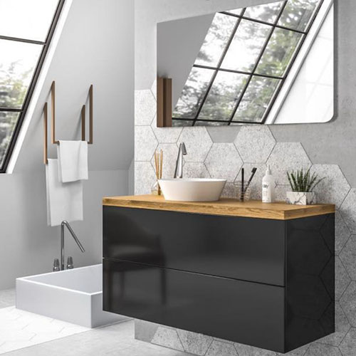 Ceramic Sink Black Bath Vanity with Butcher Block Wood Top VT-C-113 