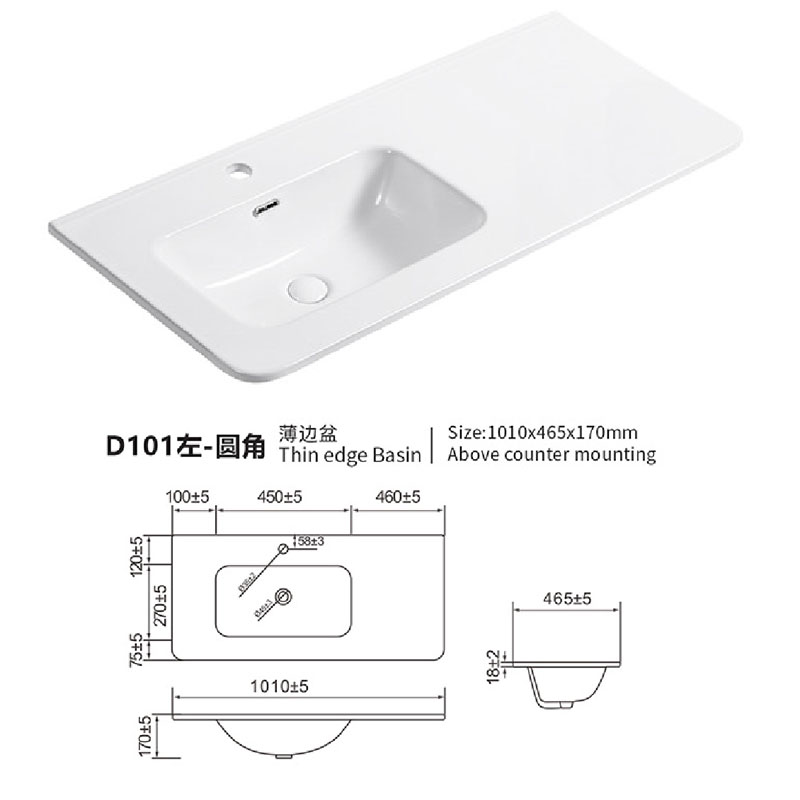Thin Countertop Washbasin with Offset Sink 100cm