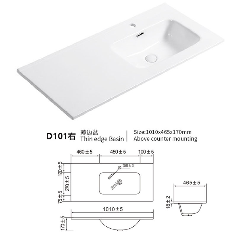 THIN COUNTERTOP WASHBASIN WITH OFFSET BOWL 100cm