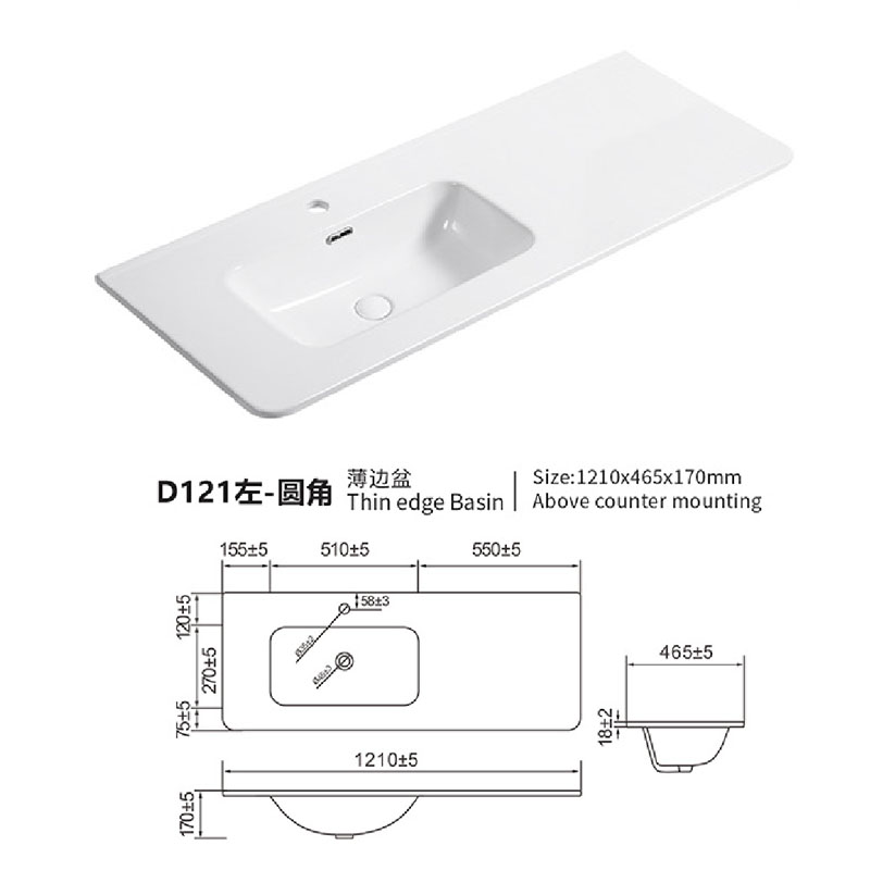 Thin Countertop Washbasin with Offset Sink 120cm