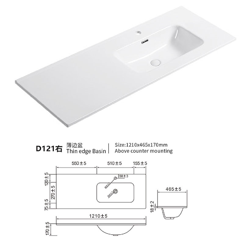 THIN COUNTERTOP WASHBASIN WITH OFFSET BOWL 120cm