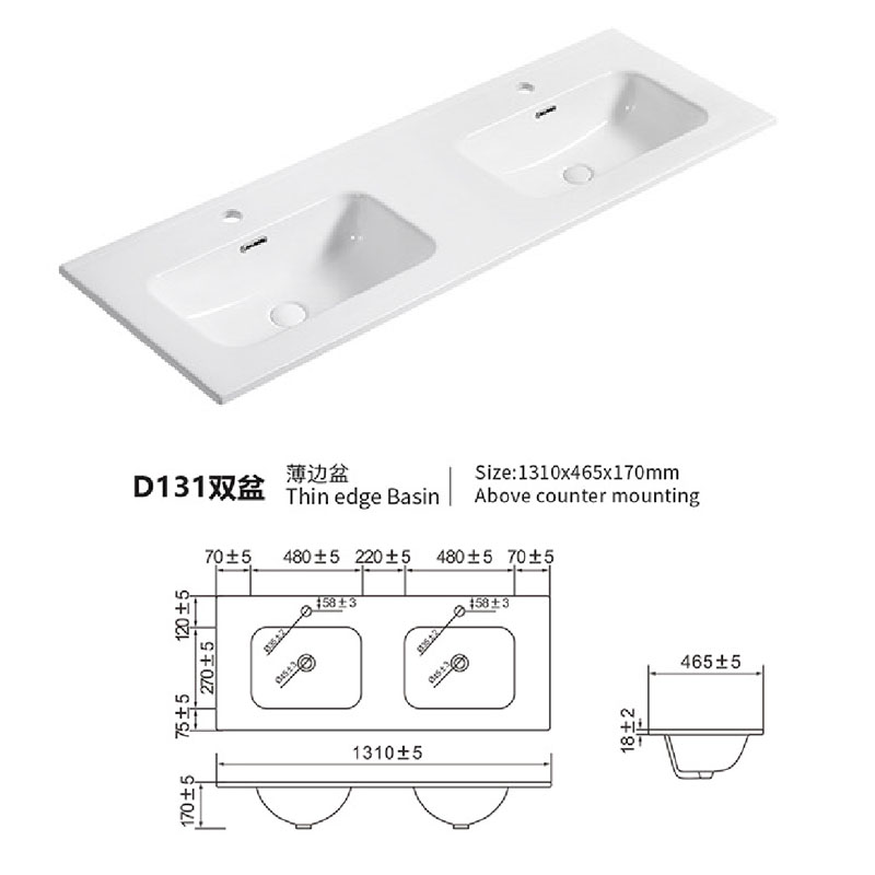 Integrated Ceramic Wash Basin D130cm Double Sinks