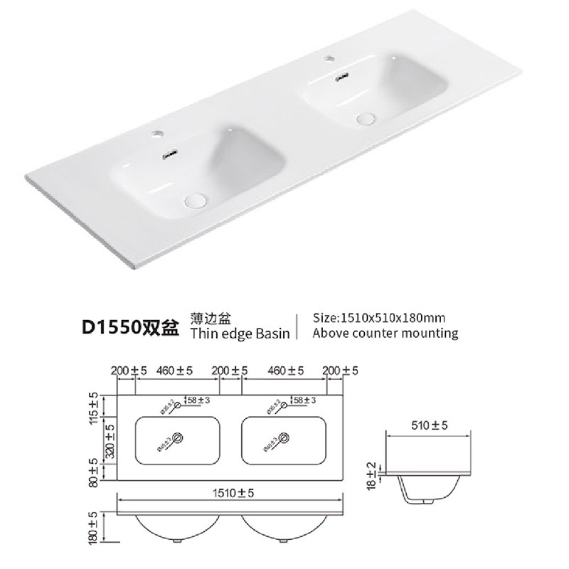 Double Integrated Vanity Sink – Single Hole 1510x500x170mm 
