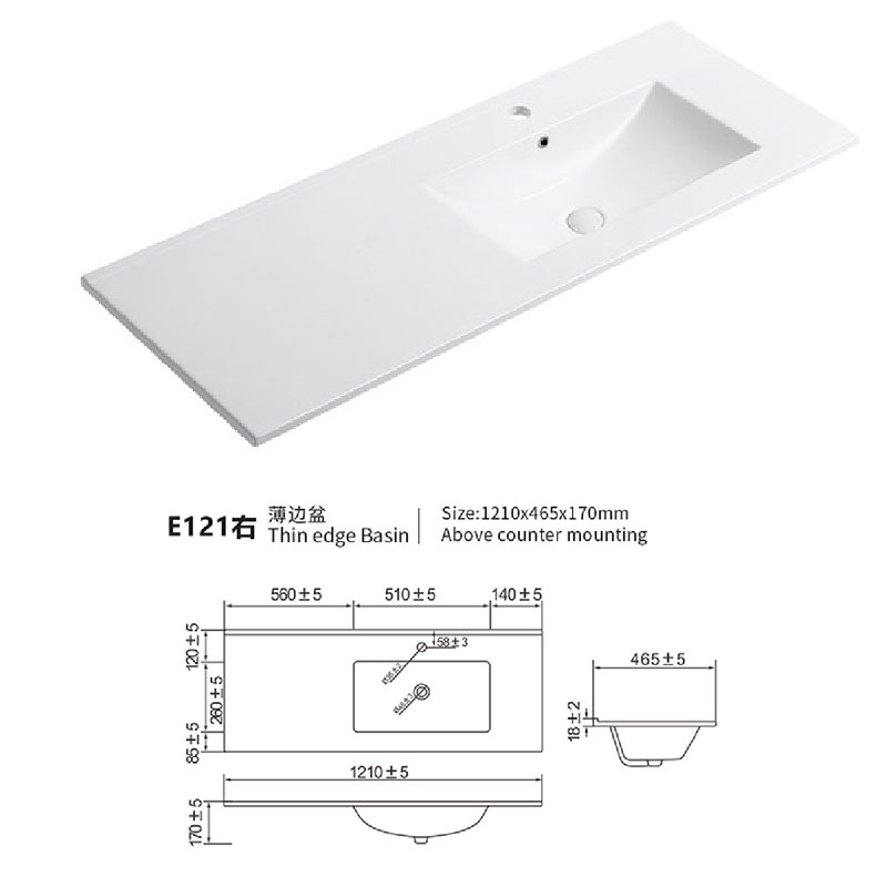 Single integrated sink countertop right sink 120cm