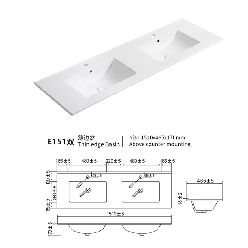 Double Sink Integrated Bathroom Vanity Top 150cm